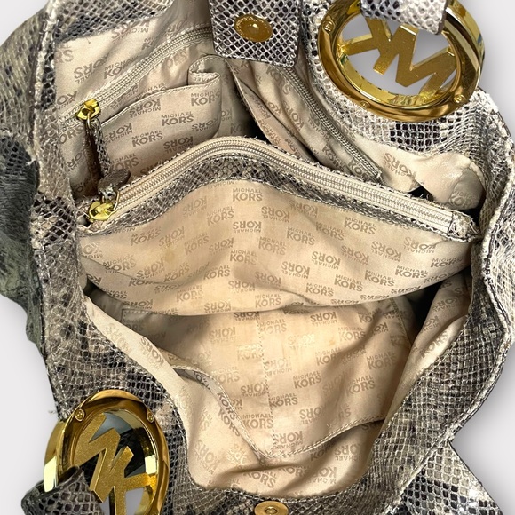 Michael Kors - Python Embossed Leather Shoulder Bag - Gray/Tan - Picture 6 of 9